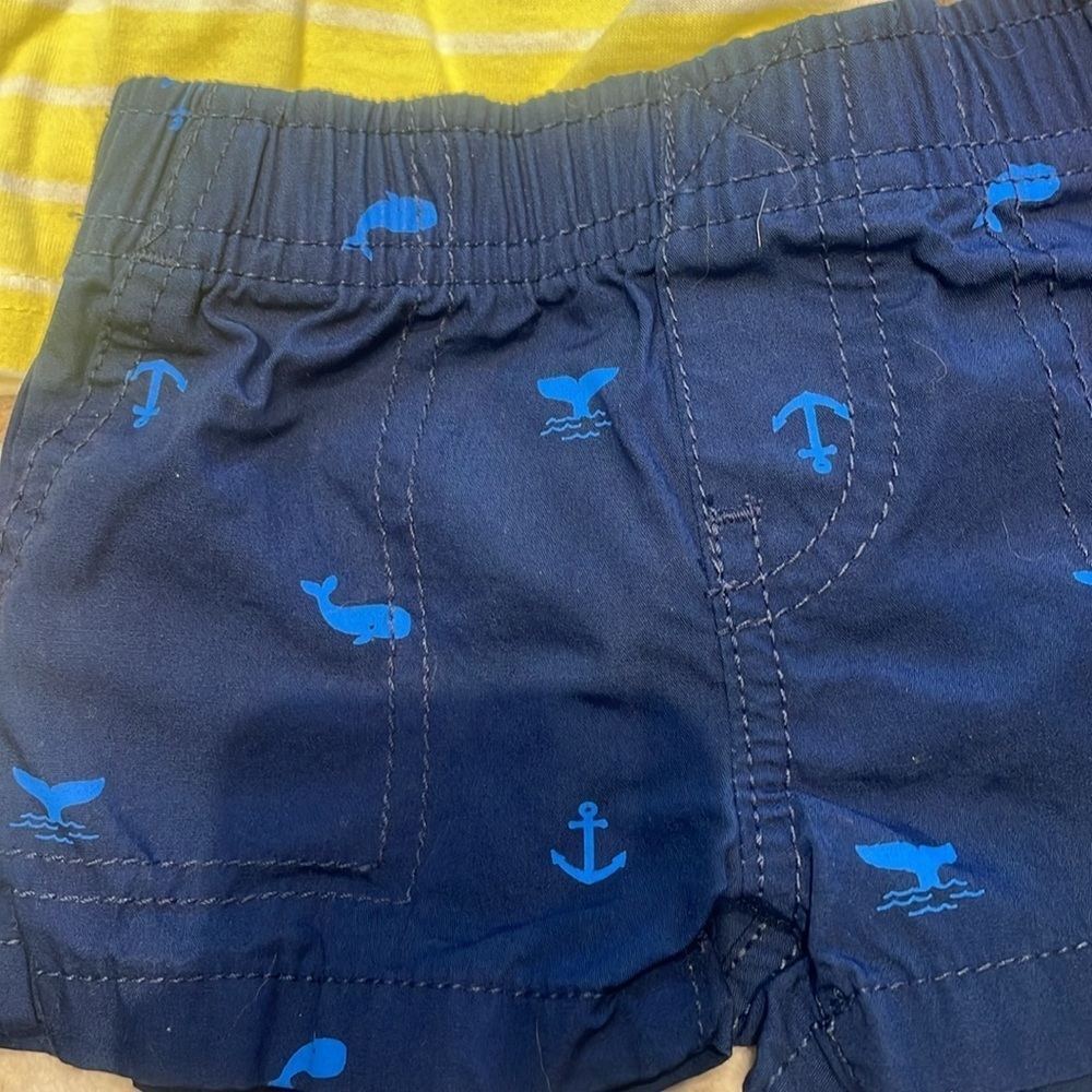 🩷 3/$18 Carter's Yellow Striped Polo with Navy Anchor set blue shorts - Picture 3 of 4